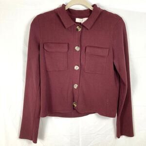 LOFT Womens S Burgundy Collar Cropped Cardigan Sweater Jacket Minimalist Preppy